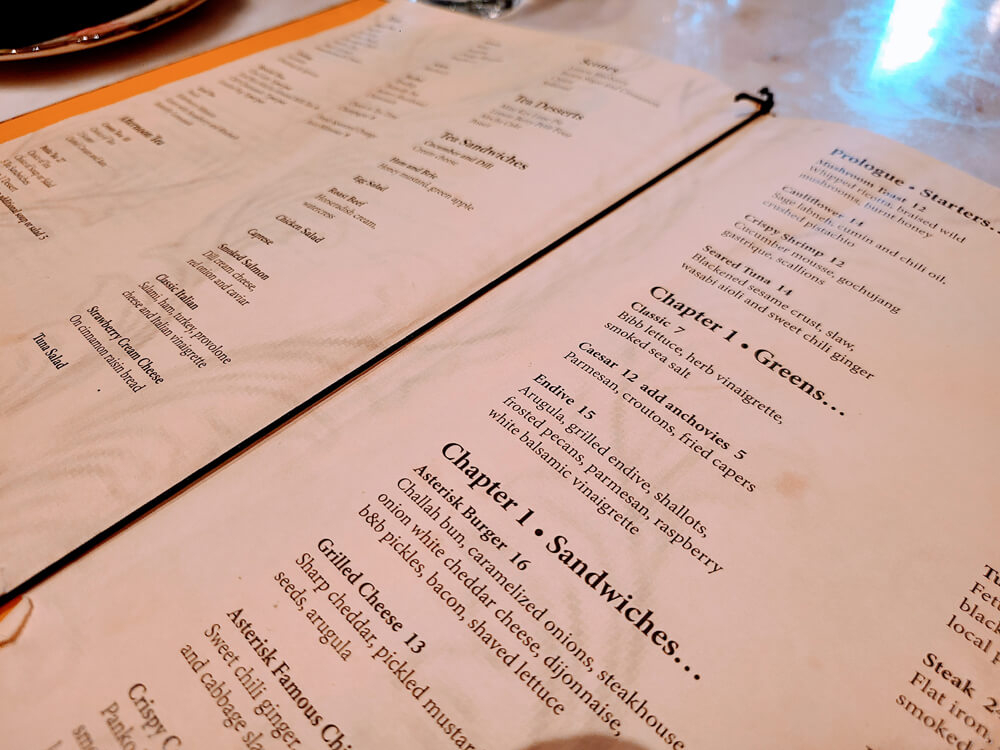 Menu formatted like a book