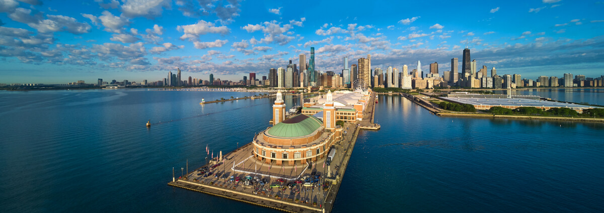 Detailed aerial panorama of pier and skyline