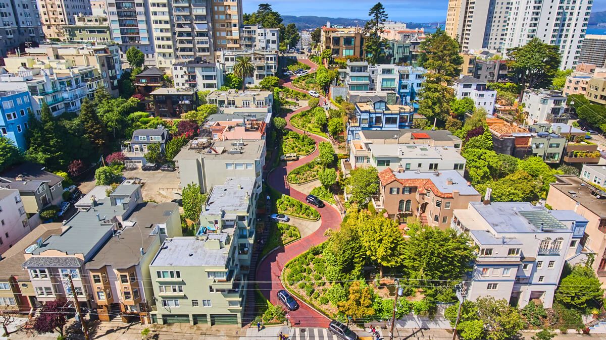 Iconic Lombard Street from drone
